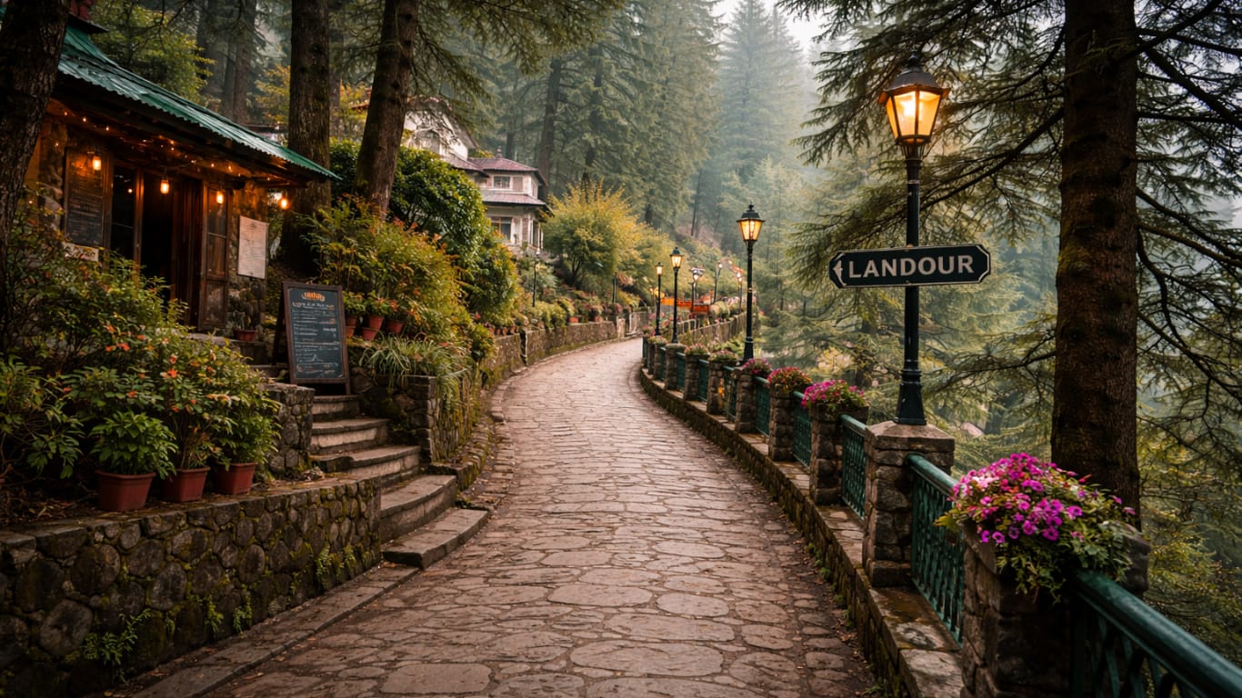 Quiet Landour walkway surrounded by pine trees